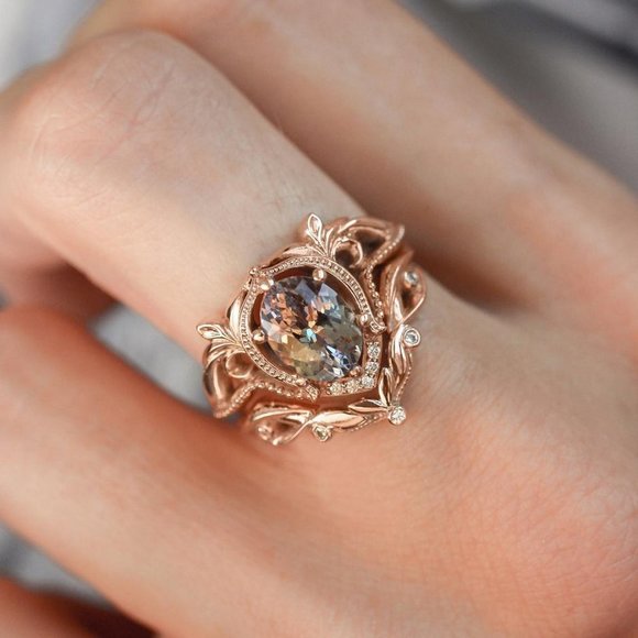 NEW Rose Gold Vintage Oval Diamond Art Deco Ring - Picture 8 of 9